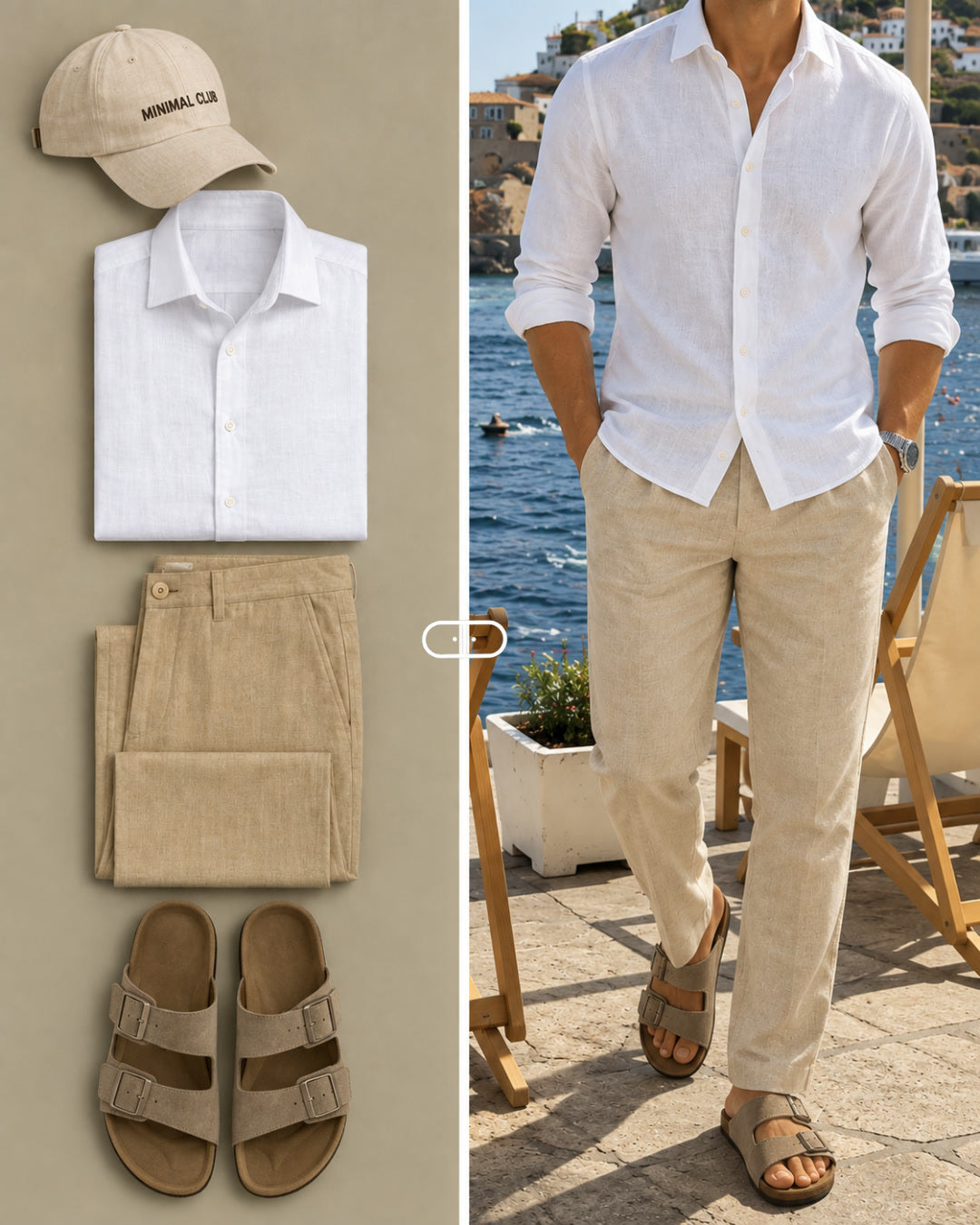 Camisa de Linho Branca + Calça de Linho Caqui + Boné Minimal Bege