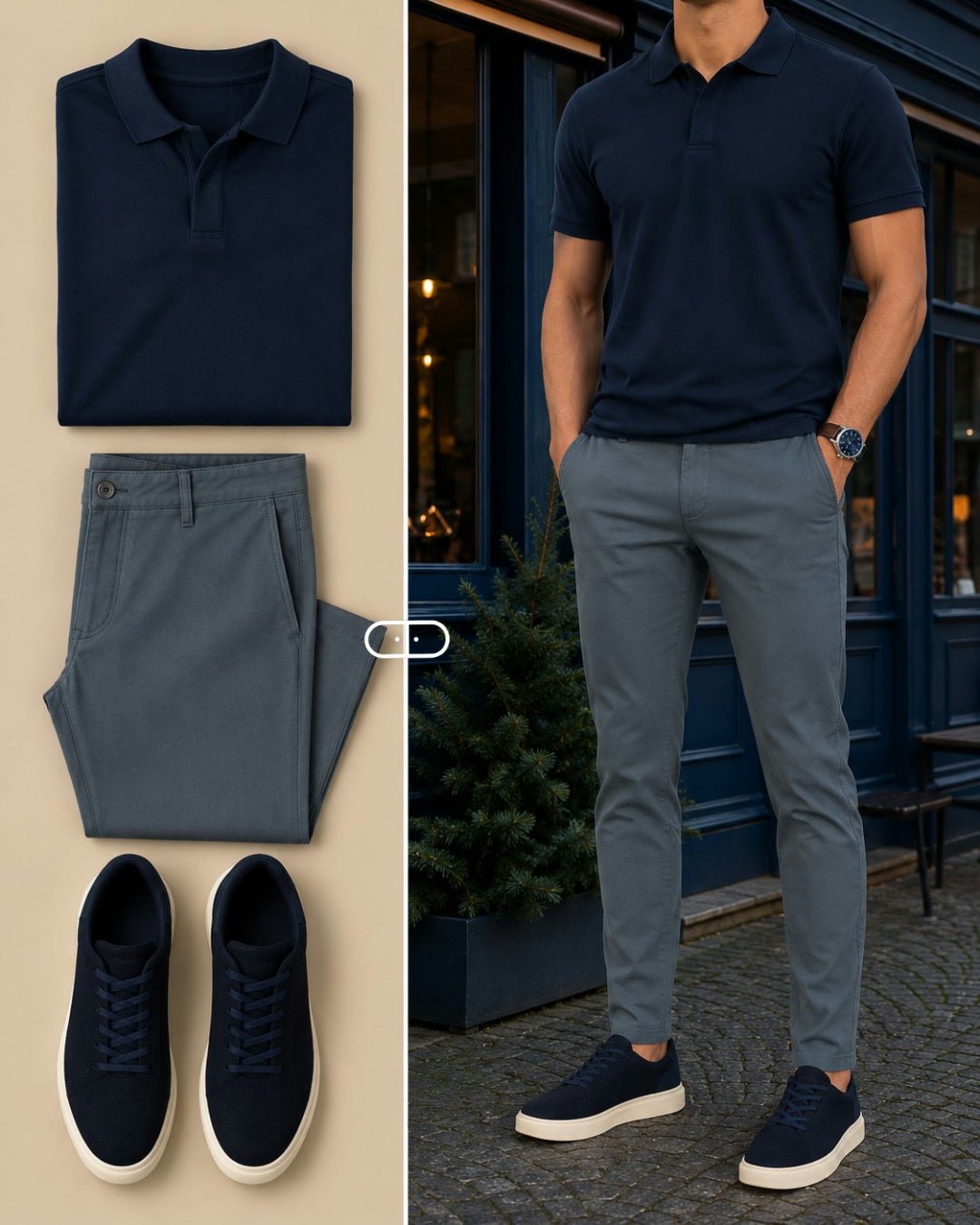Camisa Polo Azul + Calça de Alfaiataria Cinza